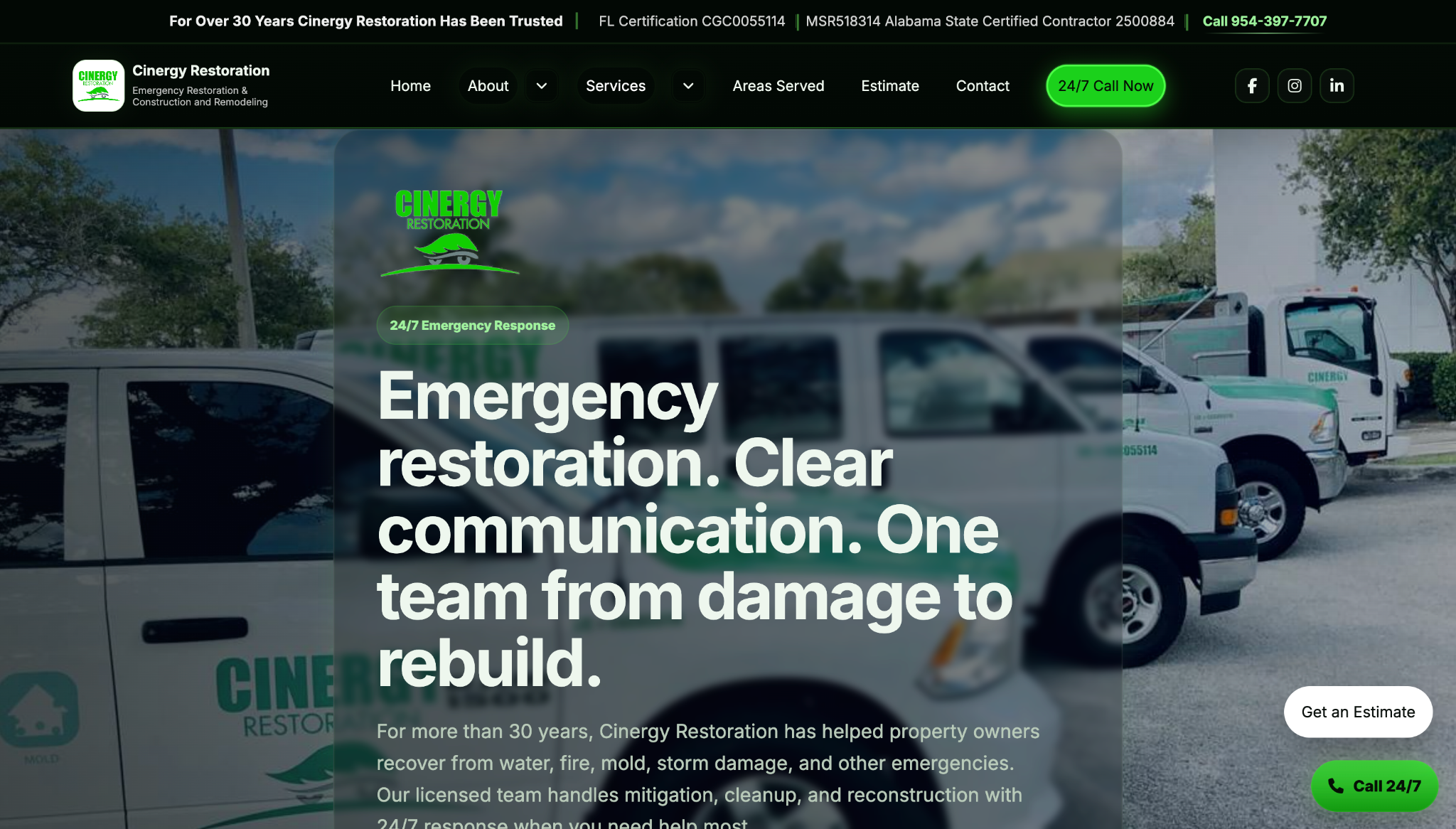 Cinergy Restoration website displayed on laptop